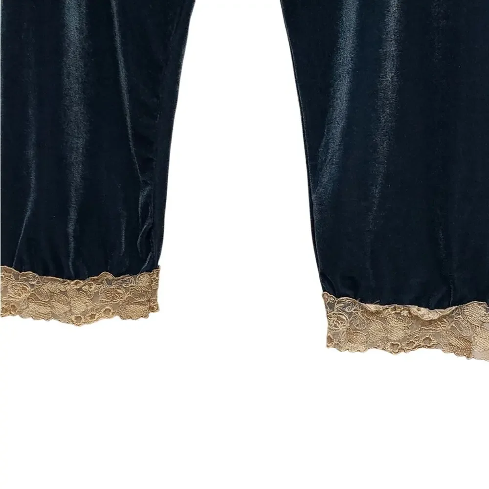 Turquoise Teal Blue Velour Velvet Straight Lace Trim Elastic Pajama Pants 2XL